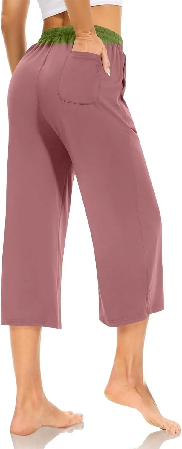 Capri Sweatpants for Women High Waisted Wide Leg Yoga Pants with Pockets Comfy Cotton Cropped Lounge Trousers Pants