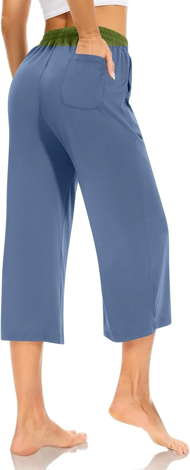 Capri Sweatpants for Women High Waisted Wide Leg Yoga Pants with Pockets Comfy Cotton Cropped Lounge Trousers Pants
