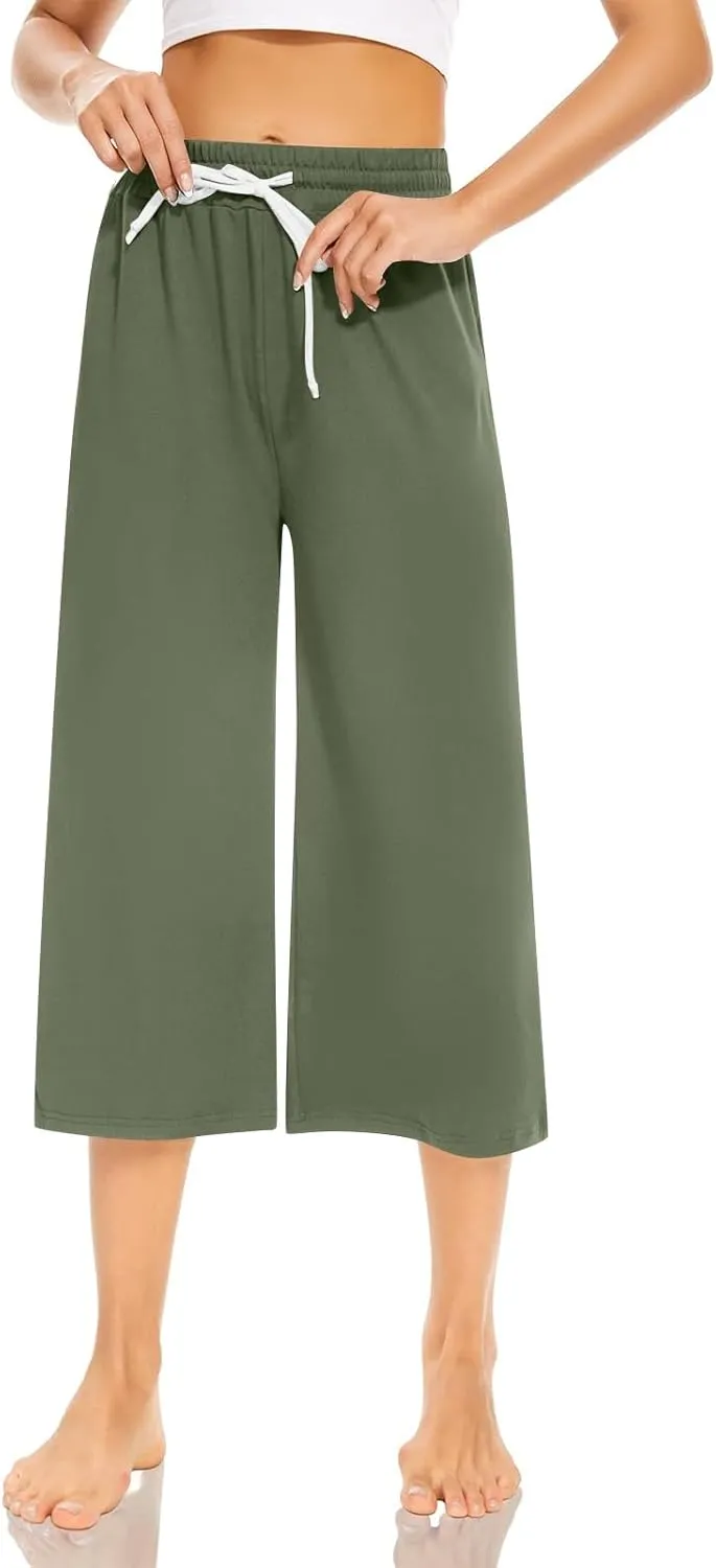 Capri Sweatpants for Women High Waisted Wide Leg Yoga Pants with Pockets Comfy Cotton Cropped Lounge Trousers Pants