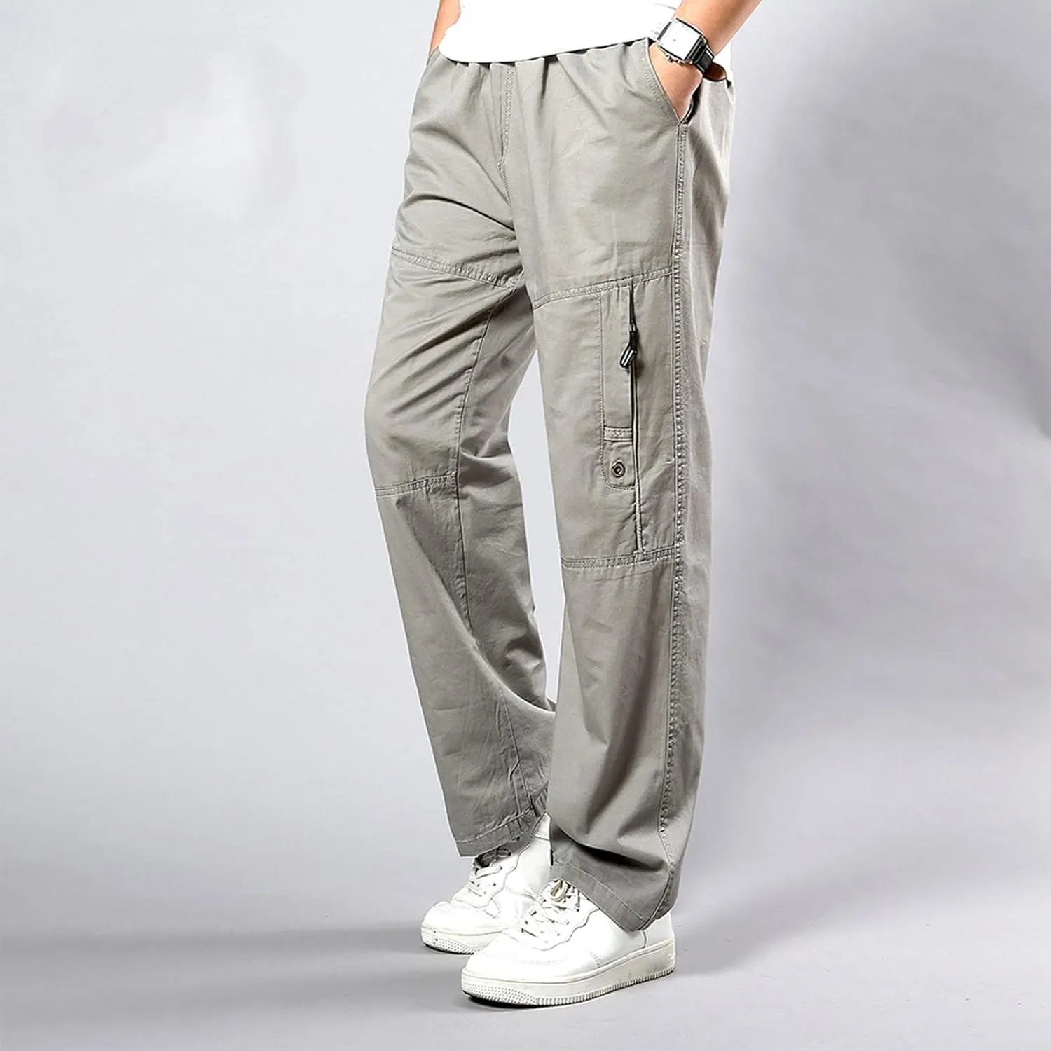 Cargo Pants for Men Relaxed Fit Elastic Waist Trouser Work Wear Combat Fitness Drawstring Pocket Rope Loose Sweatpant