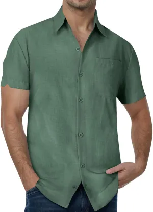 Cathalem Men's Linen Shirts Casual Button Down Short Sleeve Summer Beach Shirt Hawaiian Vacation Shirts Mens Summer Shirts