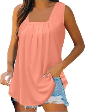 Ceboyel Women Sleeveless Pleated Summer Tops Loose Fit Camisole Shirt Square Neck Dressy Casual Tank Top 2023 Trendy Outfits
