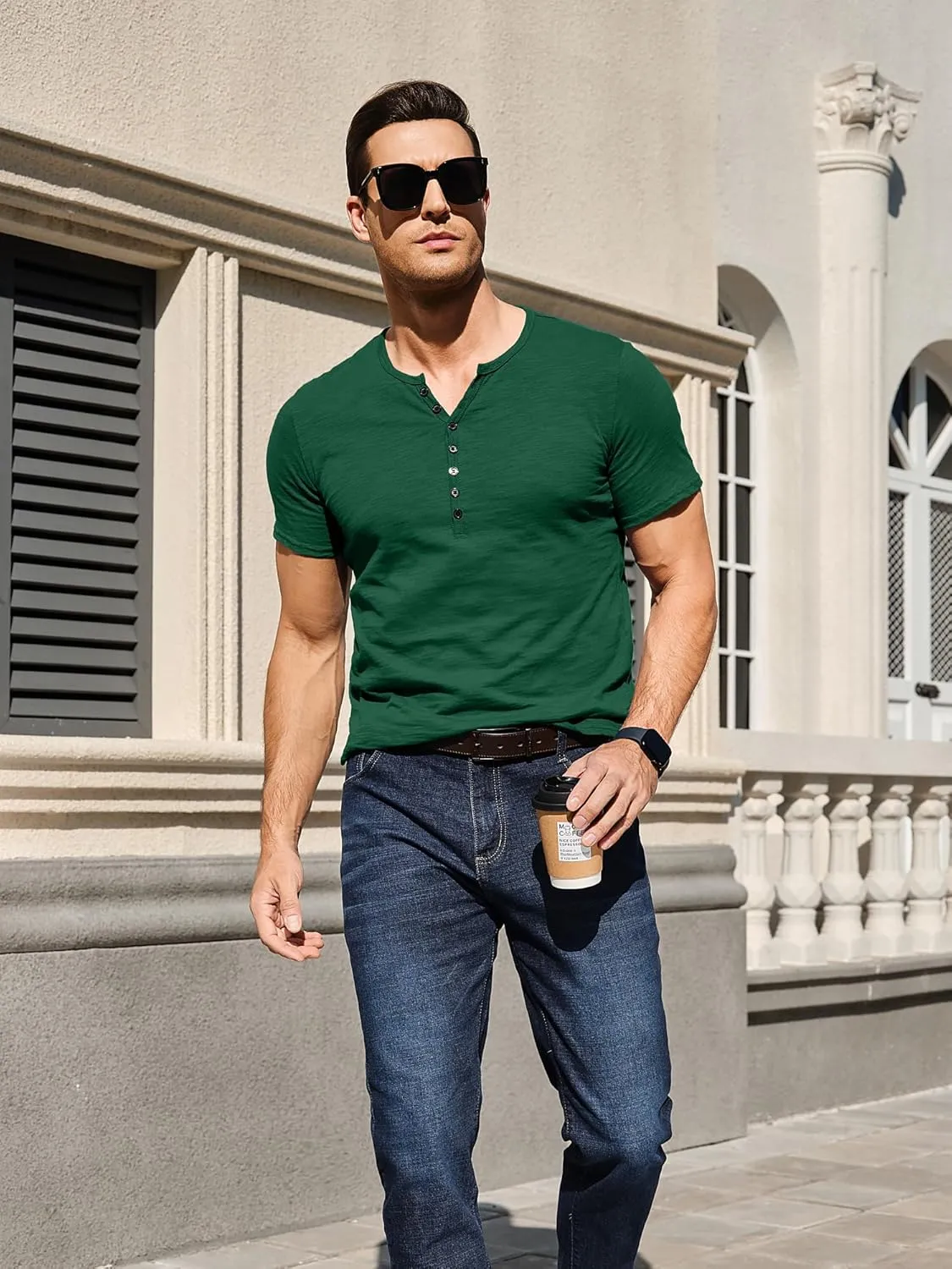 Comdecevis Men's Henley Shirts Short Sleeve Muscle Fit Shirts Vintage Casual Button V Neck T-Shirts for Men