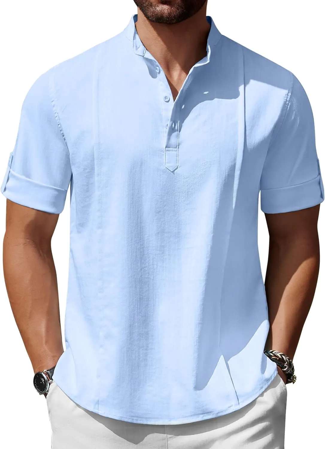 COOFANDY Men's Henley T-Shirts Short Sleeve Casual Button Henley Shirts Band Collar Tee Summer Beach Hippie Shirts