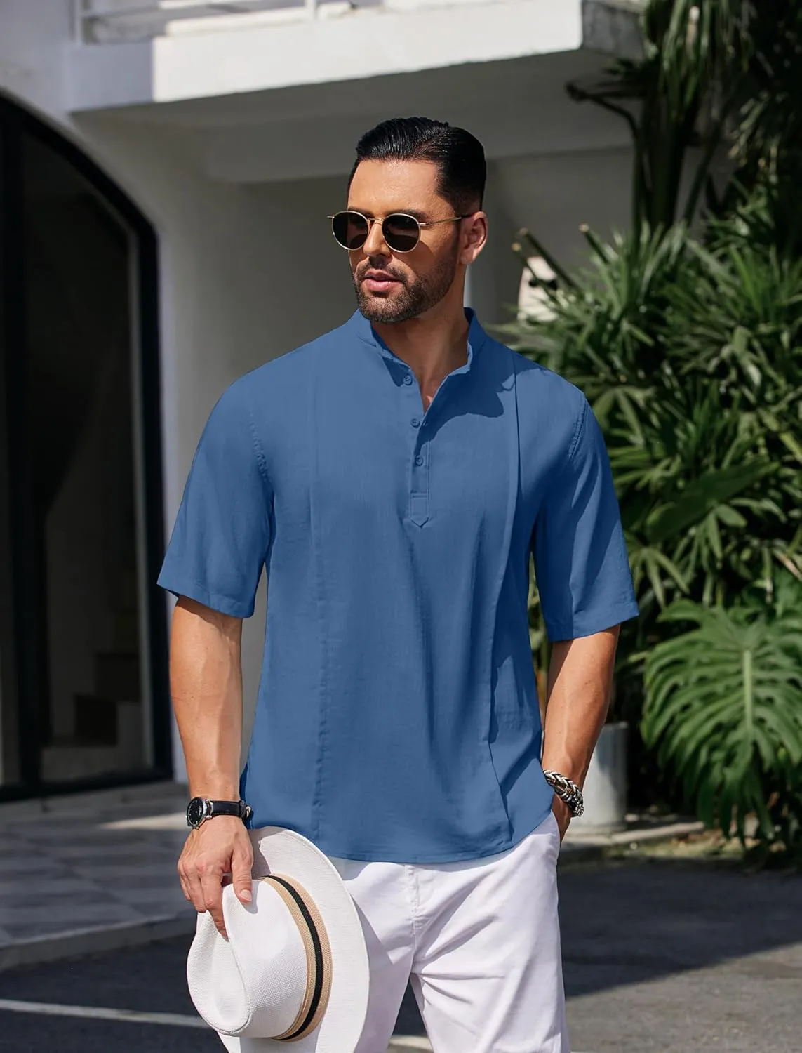 COOFANDY Men's Henley T-Shirts Short Sleeve Casual Button Henley Shirts Band Collar Tee Summer Beach Hippie Shirts