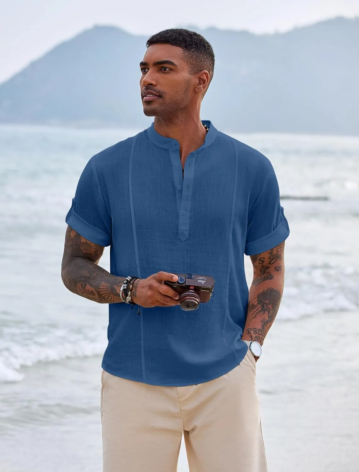 COOFANDY Men's Henley T-Shirts Short Sleeve Casual Button Henley Shirts Band Collar Tee Summer Beach Hippie Shirts