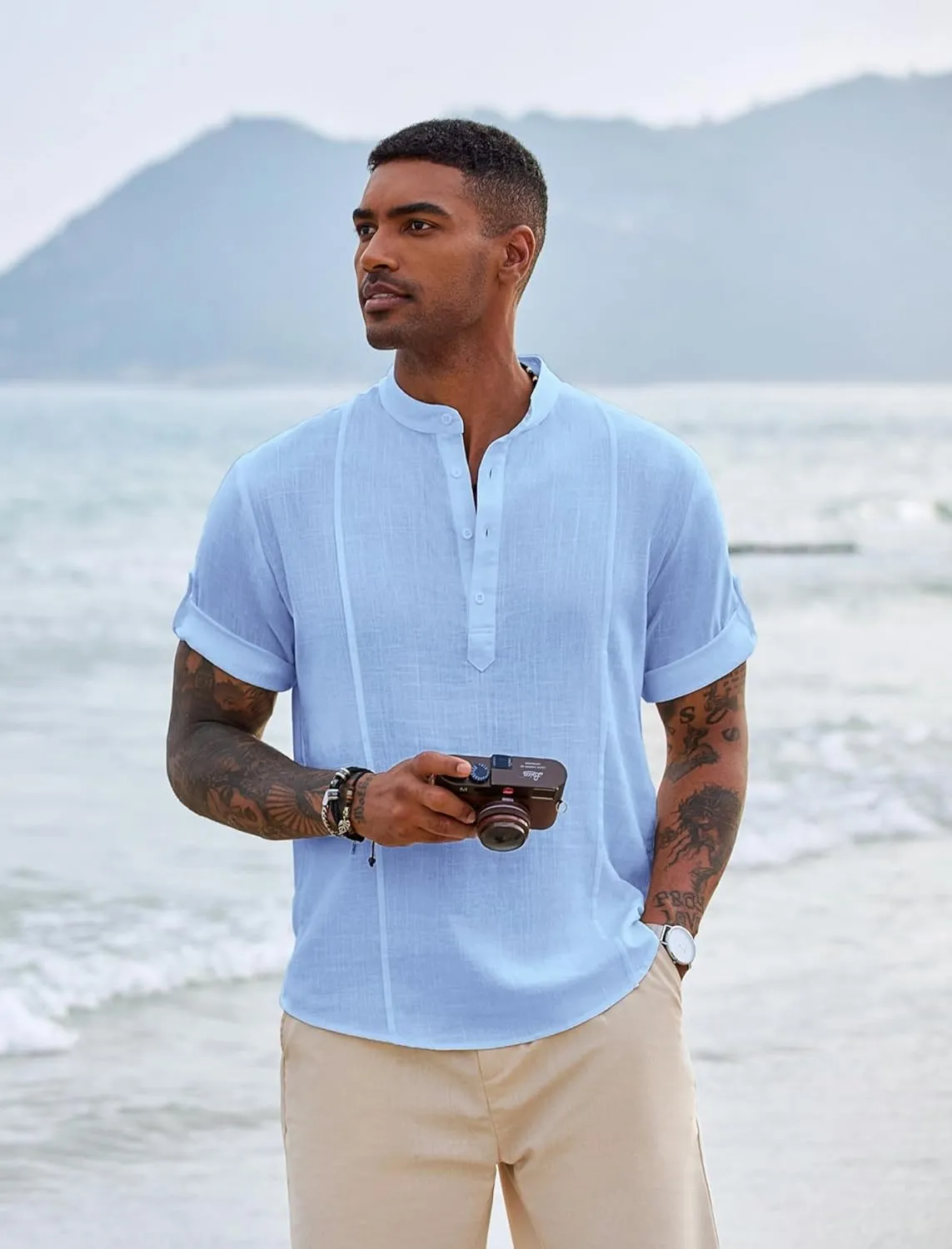 COOFANDY Men's Henley T-Shirts Short Sleeve Casual Button Henley Shirts Band Collar Tee Summer Beach Hippie Shirts
