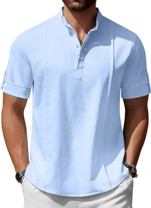 COOFANDY Men's Henley T-Shirts Short Sleeve Casual Button Henley Shirts Band Collar Tee Summer Beach Hippie Shirts