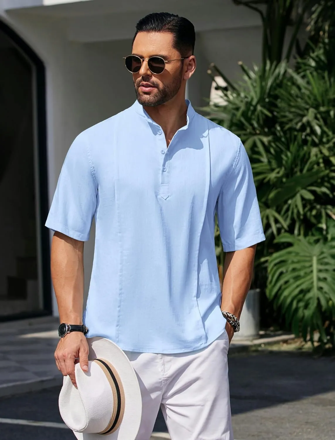 COOFANDY Men's Henley T-Shirts Short Sleeve Casual Button Henley Shirts Band Collar Tee Summer Beach Hippie Shirts