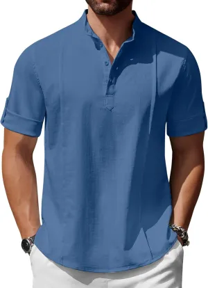COOFANDY Men's Henley T-Shirts Short Sleeve Casual Button Henley Shirts Band Collar Tee Summer Beach Hippie Shirts