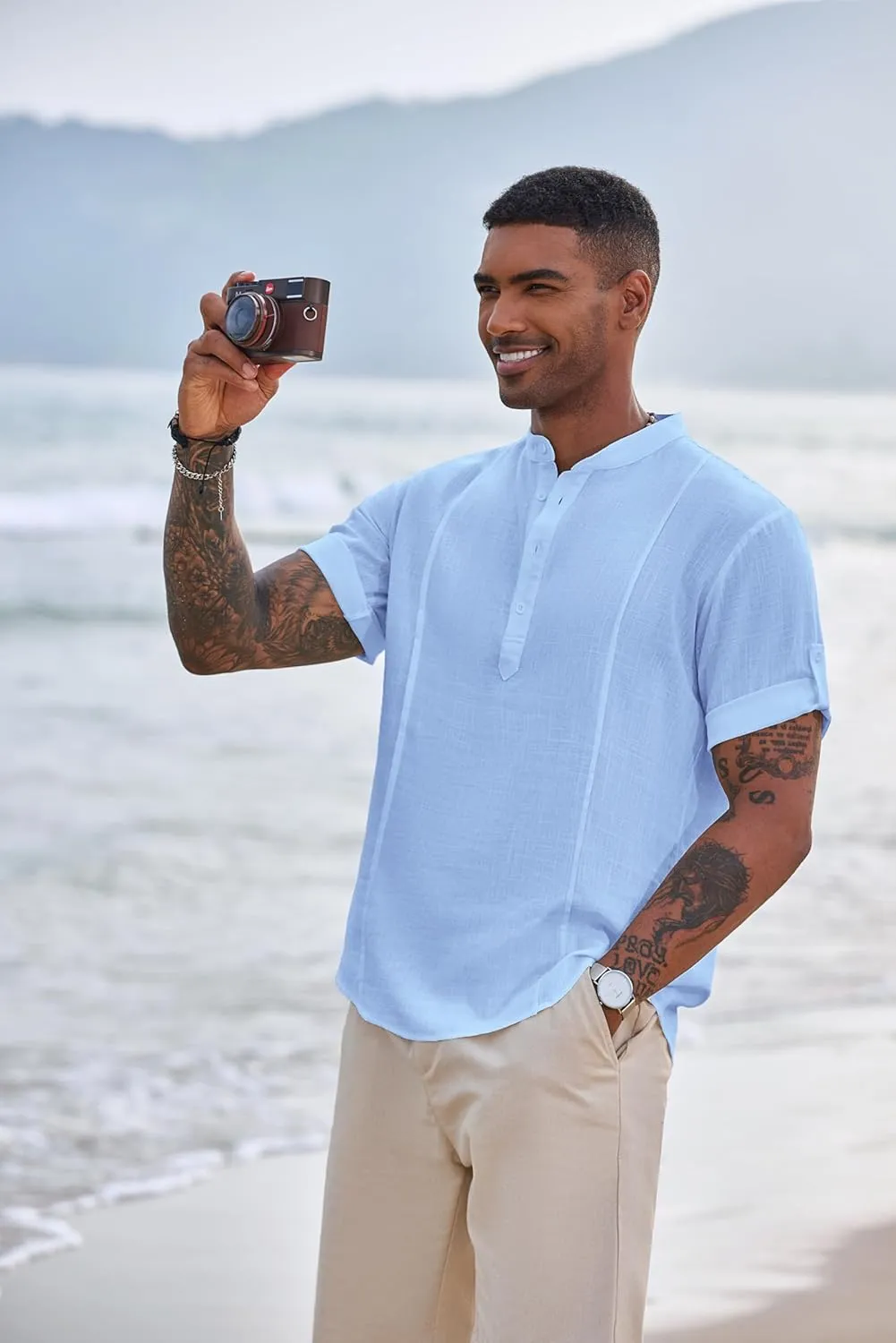 COOFANDY Men's Henley T-Shirts Short Sleeve Casual Button Henley Shirts Band Collar Tee Summer Beach Hippie Shirts