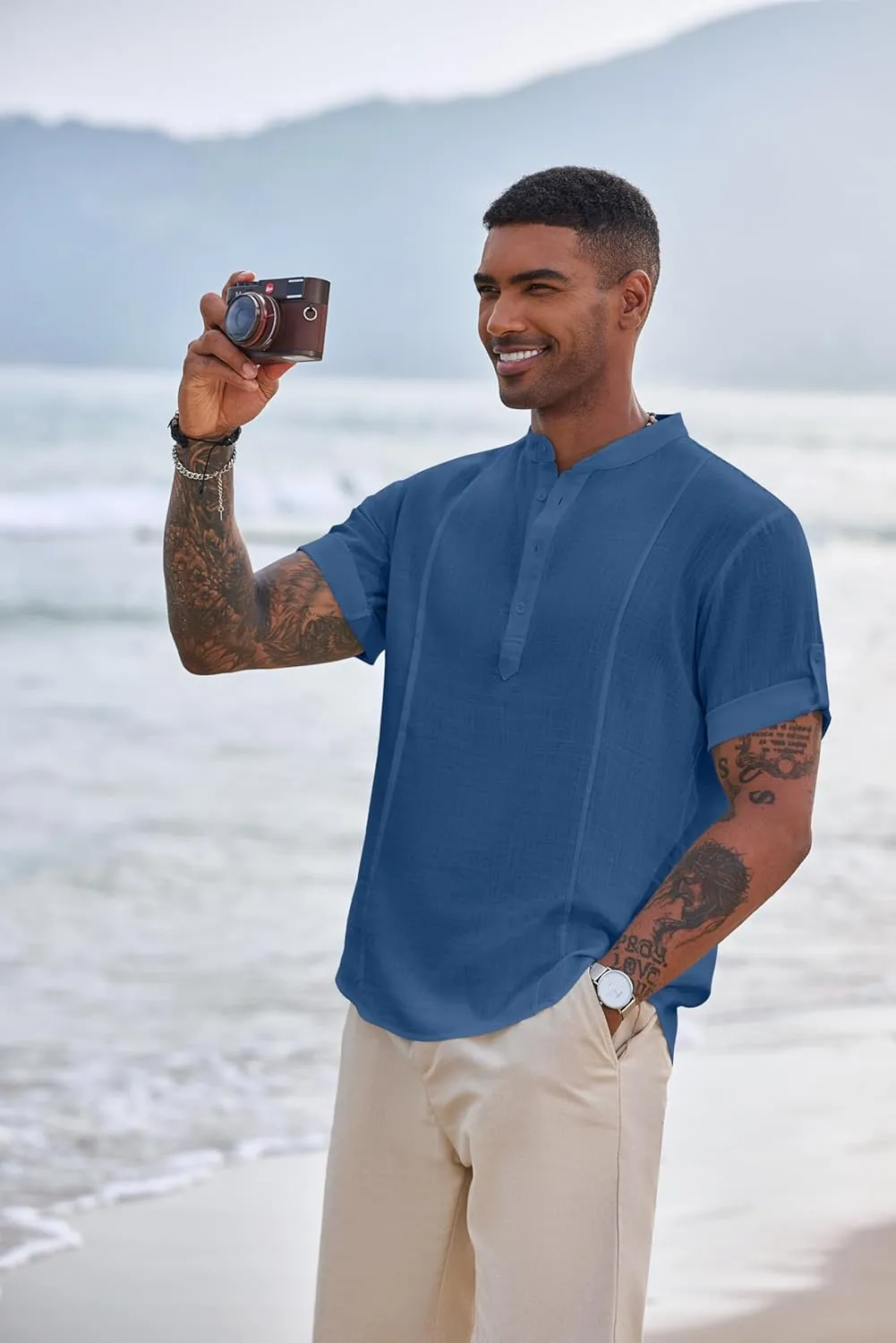 COOFANDY Men's Henley T-Shirts Short Sleeve Casual Button Henley Shirts Band Collar Tee Summer Beach Hippie Shirts