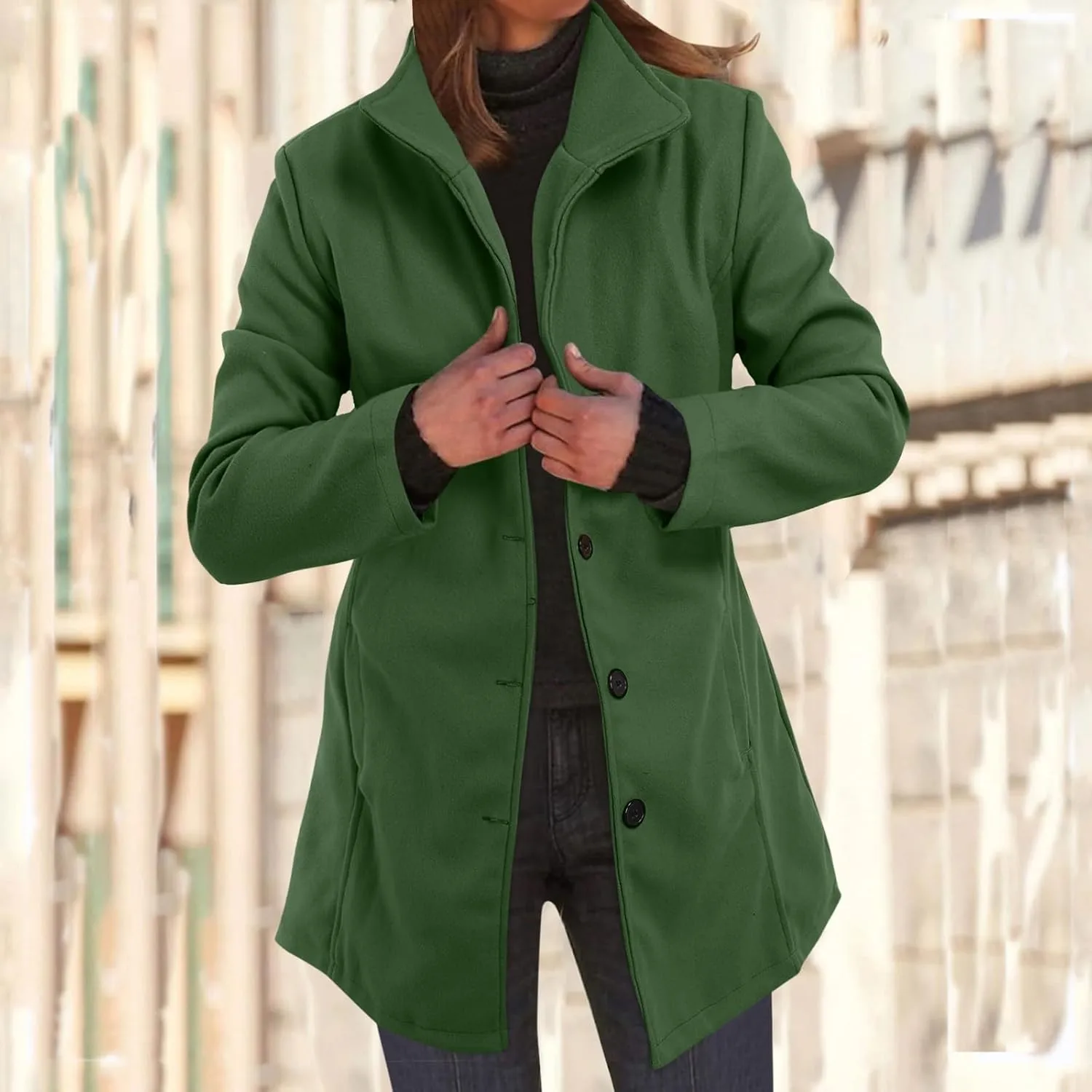 cooki Winter Coats for Women Lapel Single Breasted Pea Coats Women's Wool Blend Trench Coats Casual Button Down Jackets