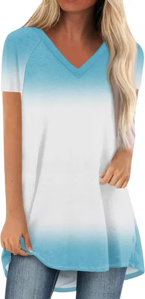 COTECRAM Women's Tops Short Sleeve Dressy Casual Plus Size Tunic Tops to Wear with Leggings V Neck T-Shirt Loose Fit Blouse