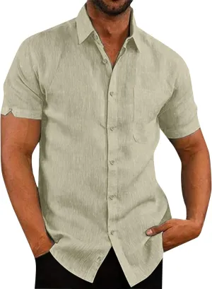 Cotton Lined Shirts for Men Short Sleeve Hawaiian Button Up T-Shirts Summer Solid Tee Shirt Beach Lapel Collared Tops