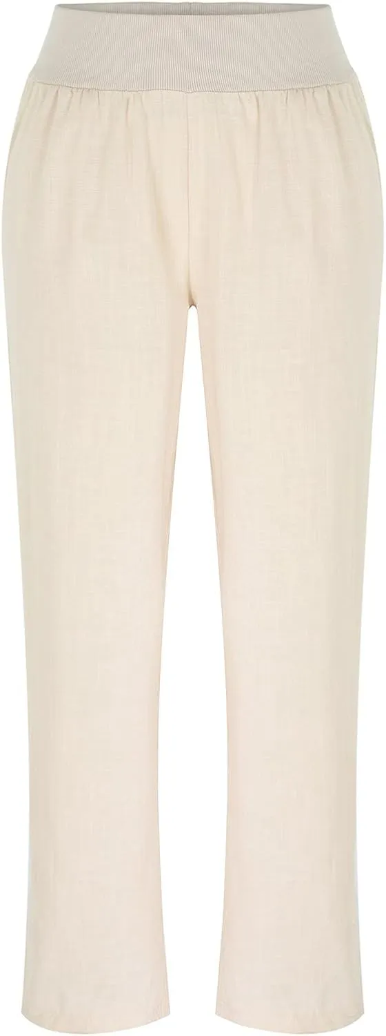 Cotton Linen Elastic High Waist Yoga Pants for Women Casual Solid Color Loose Fit Soft Comfy Straight Wide Leg Trousers