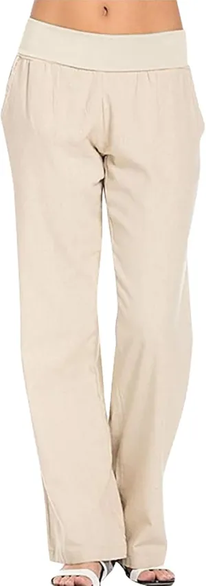 Cotton Linen Elastic High Waist Yoga Pants for Women Casual Solid Color Loose Fit Soft Comfy Straight Wide Leg Trousers