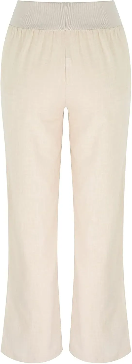 Cotton Linen Elastic High Waist Yoga Pants for Women Casual Solid Color Loose Fit Soft Comfy Straight Wide Leg Trousers