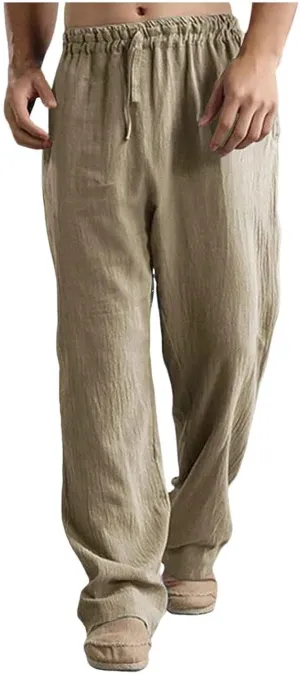 Cotton Linen Pants Men Summer Beach Pants Loose Fit Elastic Waist Casual Cargo Pants Hiking Pants Workout Joggers Chino Pants