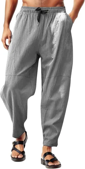 Cotton Linen Pants Men Summer Beach Pants Loose Fit Elastic Waist Casual Cargo Pants Hiking Pants Workout Joggers Mens Novelty Pants