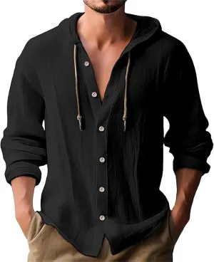 Cotton Linen Shirts for Men Summer Button Down Long Sleeve Shirts Casual Loose Vacation Beach Shirts with Hood