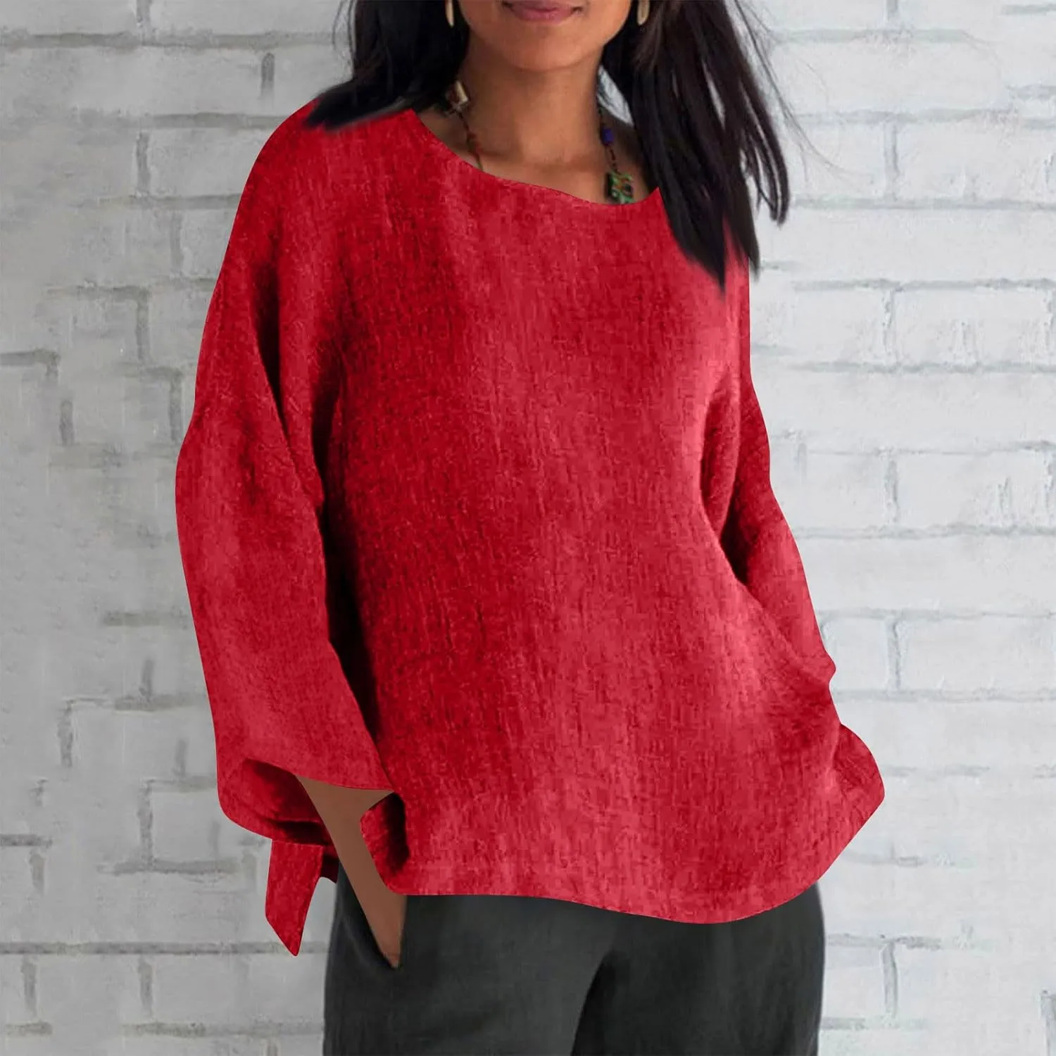 Cotton Linen Shirts for Women Solid Color Basic Long Sleeve Tee Tops Summer Casual Crew Neck Split Hem Tunic Blouses