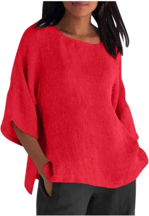 Cotton Linen Shirts for Women Solid Color Basic Long Sleeve Tee Tops Summer Casual Crew Neck Split Hem Tunic Blouses