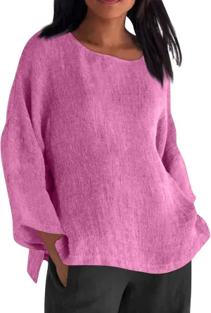 Cotton Linen Shirts for Women Solid Color Basic Long Sleeve Tee Tops Summer Casual Crew Neck Split Hem Tunic Blouses