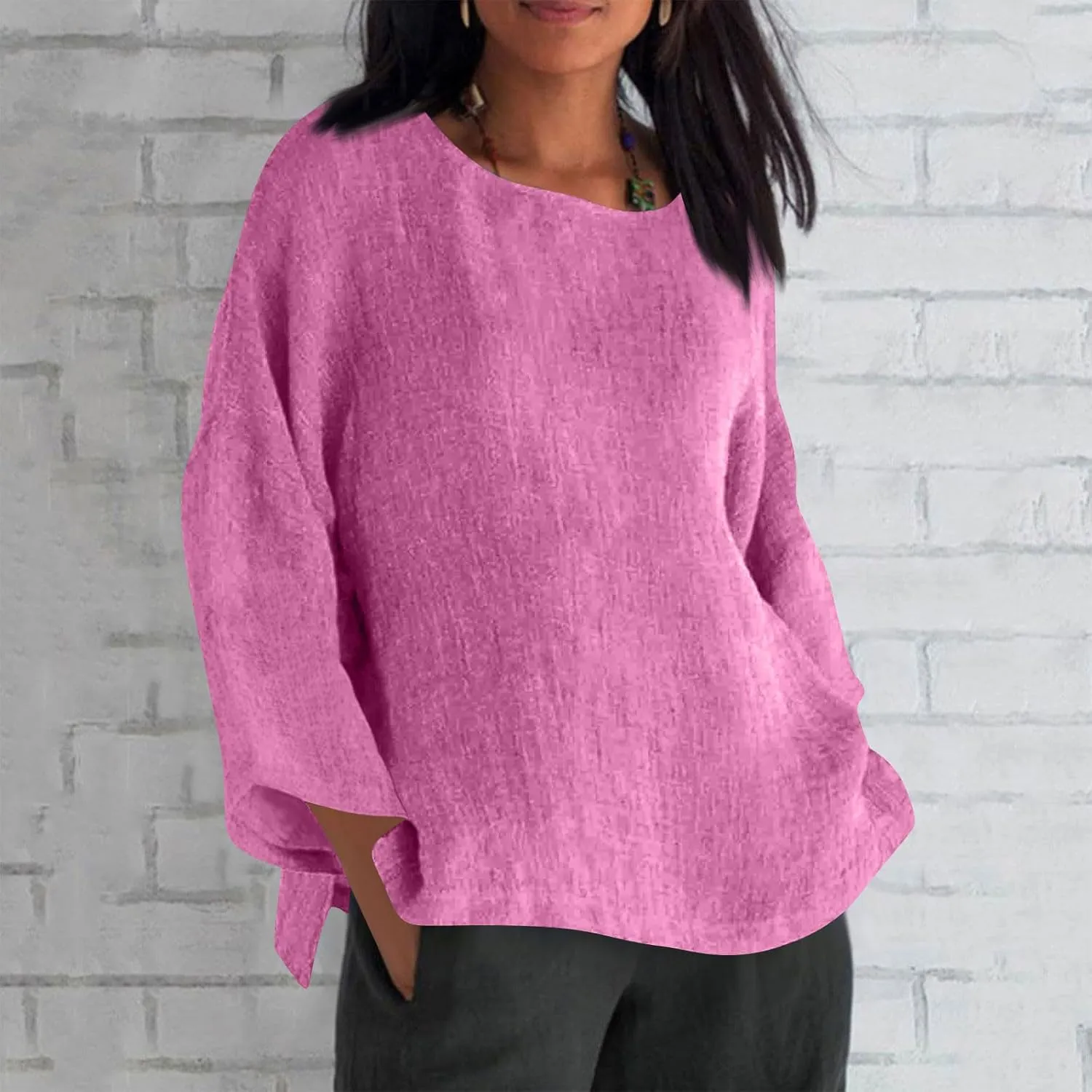 Cotton Linen Shirts for Women Solid Color Basic Long Sleeve Tee Tops Summer Casual Crew Neck Split Hem Tunic Blouses