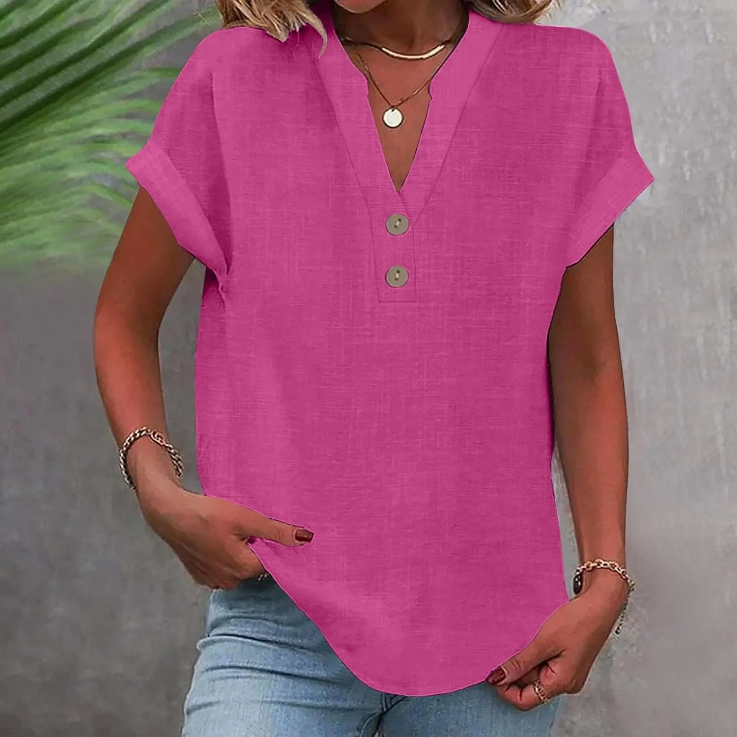 Cotton Linen Shirts for Women V-Neck Button Up T-Shirt Short Sleeve Roll Up Loose Summer Casual Work Blouses Plus Size Tops