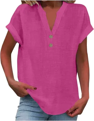 Cotton Linen Shirts for Women V-Neck Button Up T-Shirt Short Sleeve Roll Up Loose Summer Casual Work Blouses Plus Size Tops