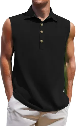 Cotton Linen Sleeveless Beach Shirts for Men Summer Casual Solid Polo Tank Top Spread Collar Button Down