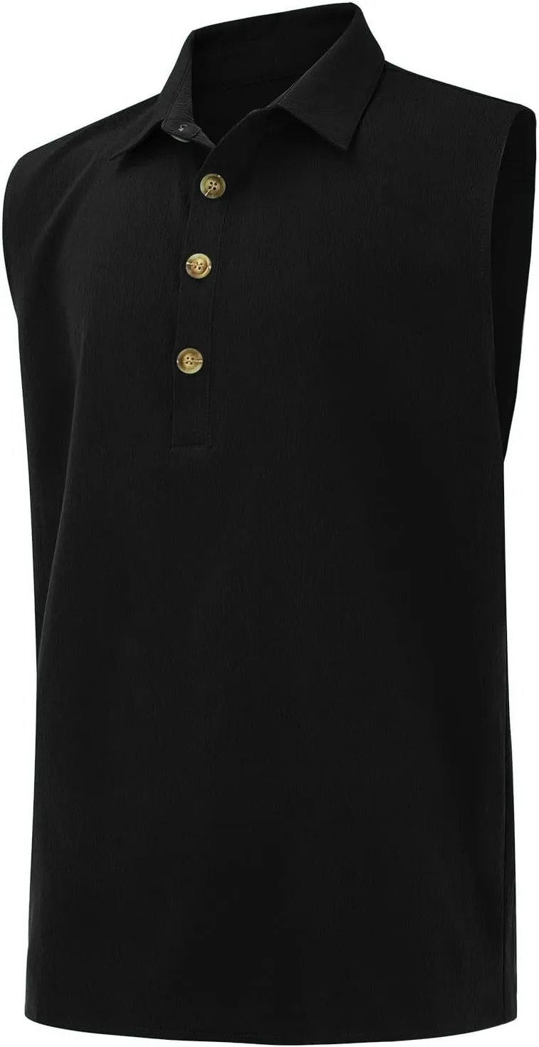 Cotton Linen Sleeveless Beach Shirts for Men Summer Casual Solid Polo Tank Top Spread Collar Button Down