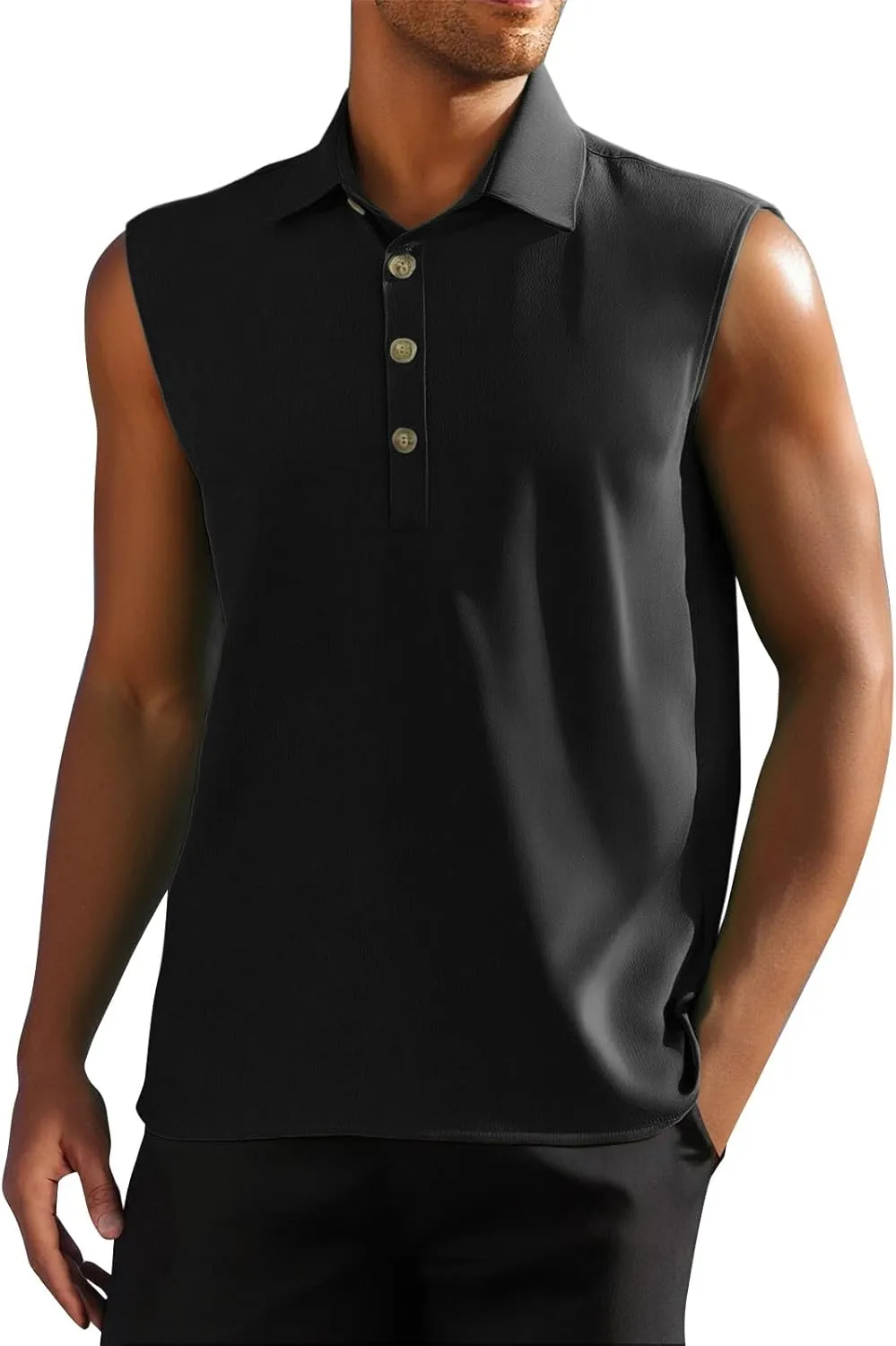 Cotton Linen Sleeveless Beach Shirts for Men Summer Casual Solid Polo Tank Top Spread Collar Button Down