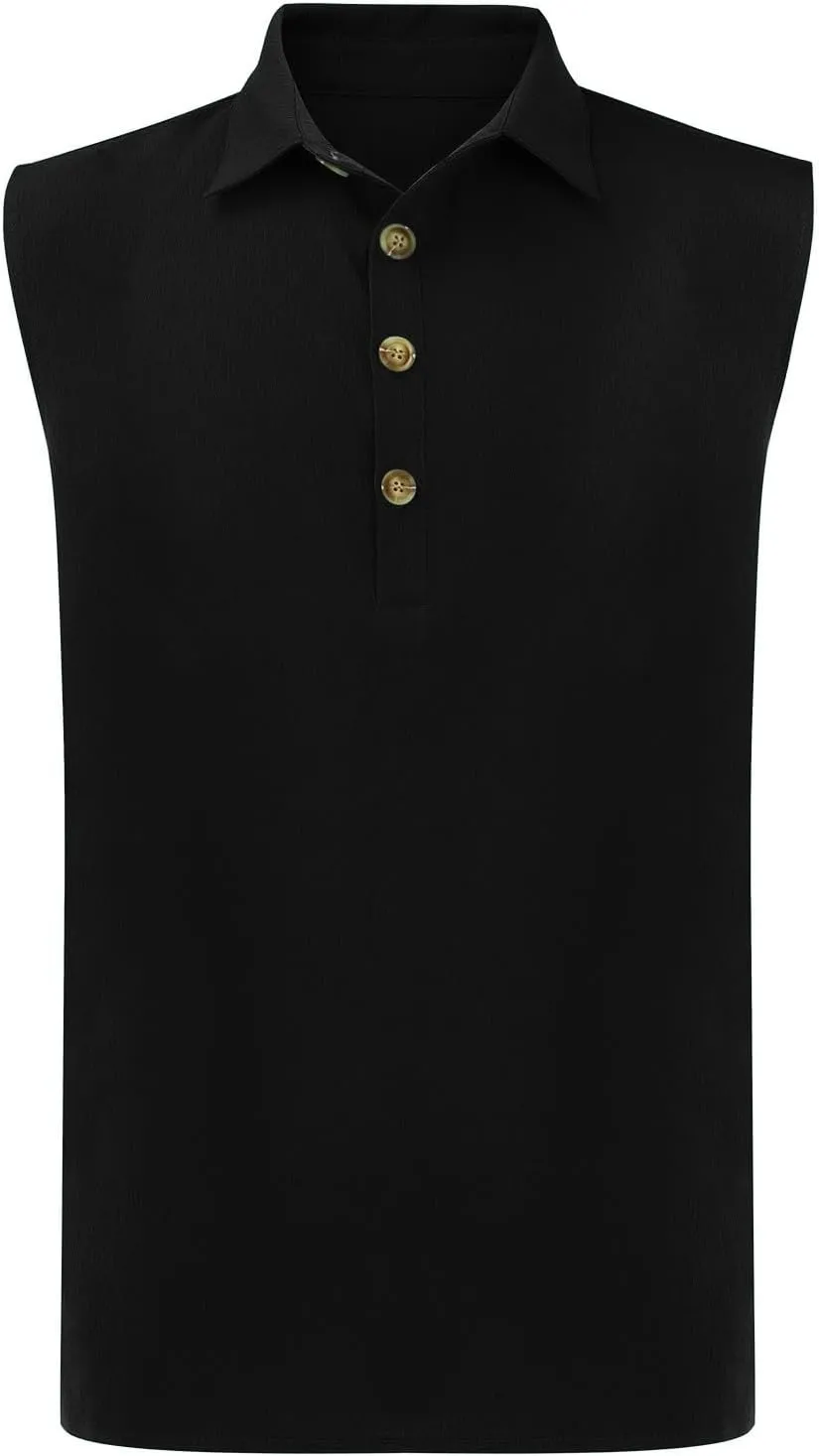 Cotton Linen Sleeveless Beach Shirts for Men Summer Casual Solid Polo Tank Top Spread Collar Button Down