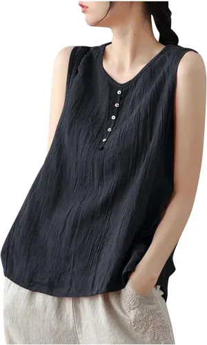 Cotton Linen Tank Tops for Women Loose Fit Plus Size Top Sleeveless V Neck Botton Shirts Casual Breathable Clothes