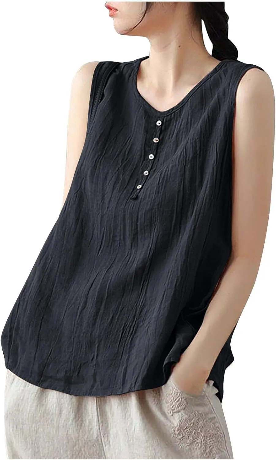 Cotton Linen Tank Tops for Women Loose Fit Plus Size Top Sleeveless V Neck Botton Shirts Casual Breathable Clothes