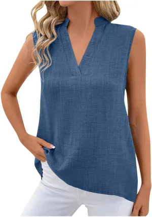 Cotton Linen Tank Tops for Women V Neck Sleeveless T-Shirts Fashion Loose Casual Tunic Summer Basic Blouses for Work