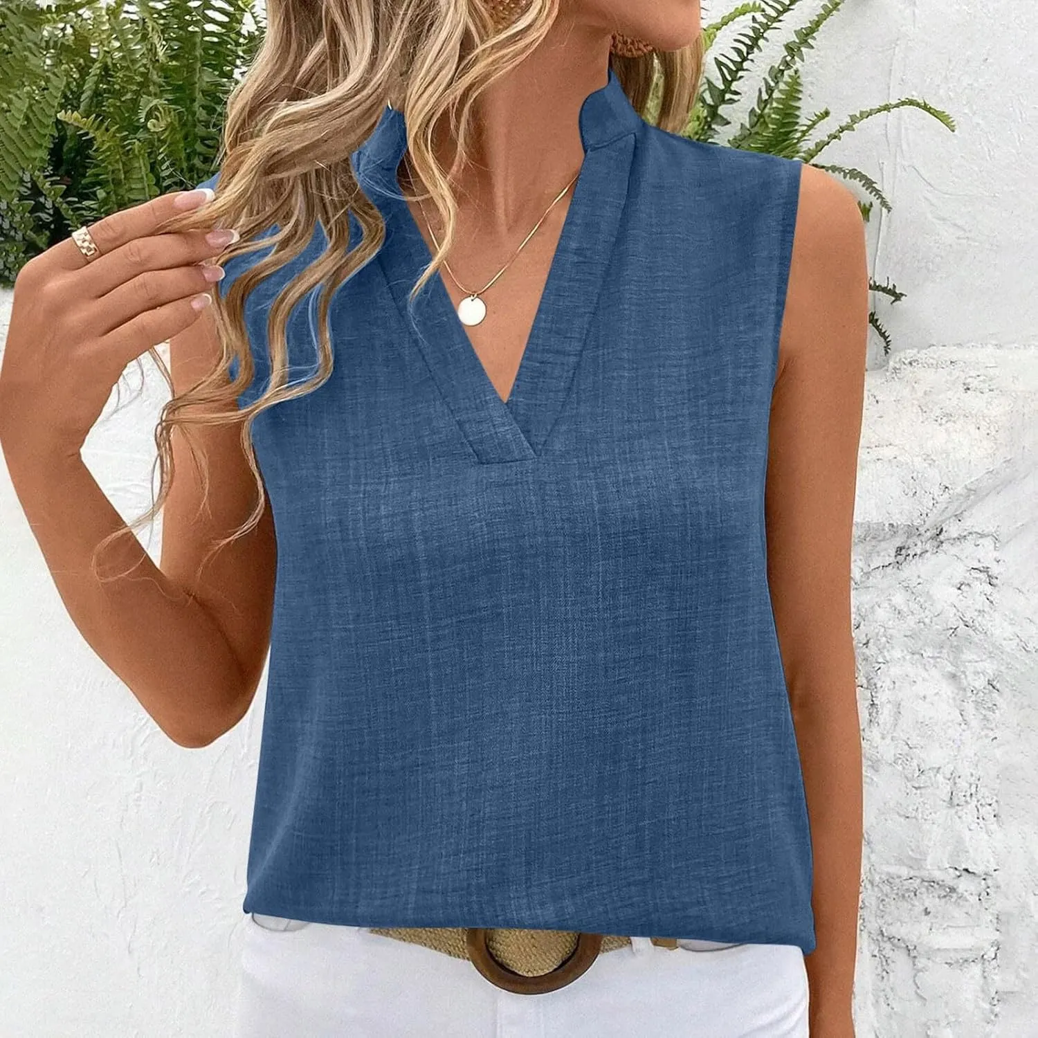 Cotton Linen Tank Tops for Women V Neck Sleeveless T-Shirts Fashion Loose Casual Tunic Summer Basic Blouses for Work