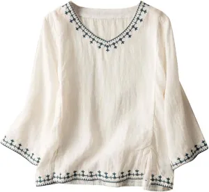 Cotton Linen Tops for Women Summer Casual 3/4 Sleeve T Shirts Lightweight Ethnic Style Embroidery Blouses Tees