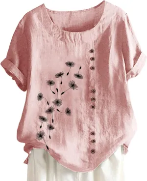 Cotton Tops for Women Loose Fit Dandelion Print Graphic Tee Shirts Casual Short Sleeve Crewneck Cotton Linen Blouses