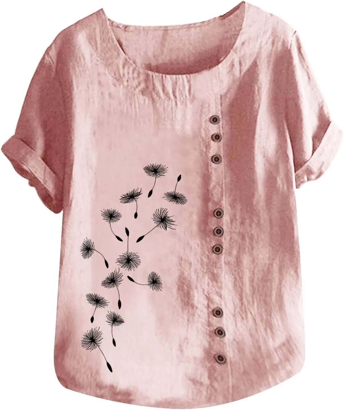 Cotton Tops for Women Loose Fit Dandelion Print Graphic Tee Shirts Casual Short Sleeve Crewneck Cotton Linen Blouses