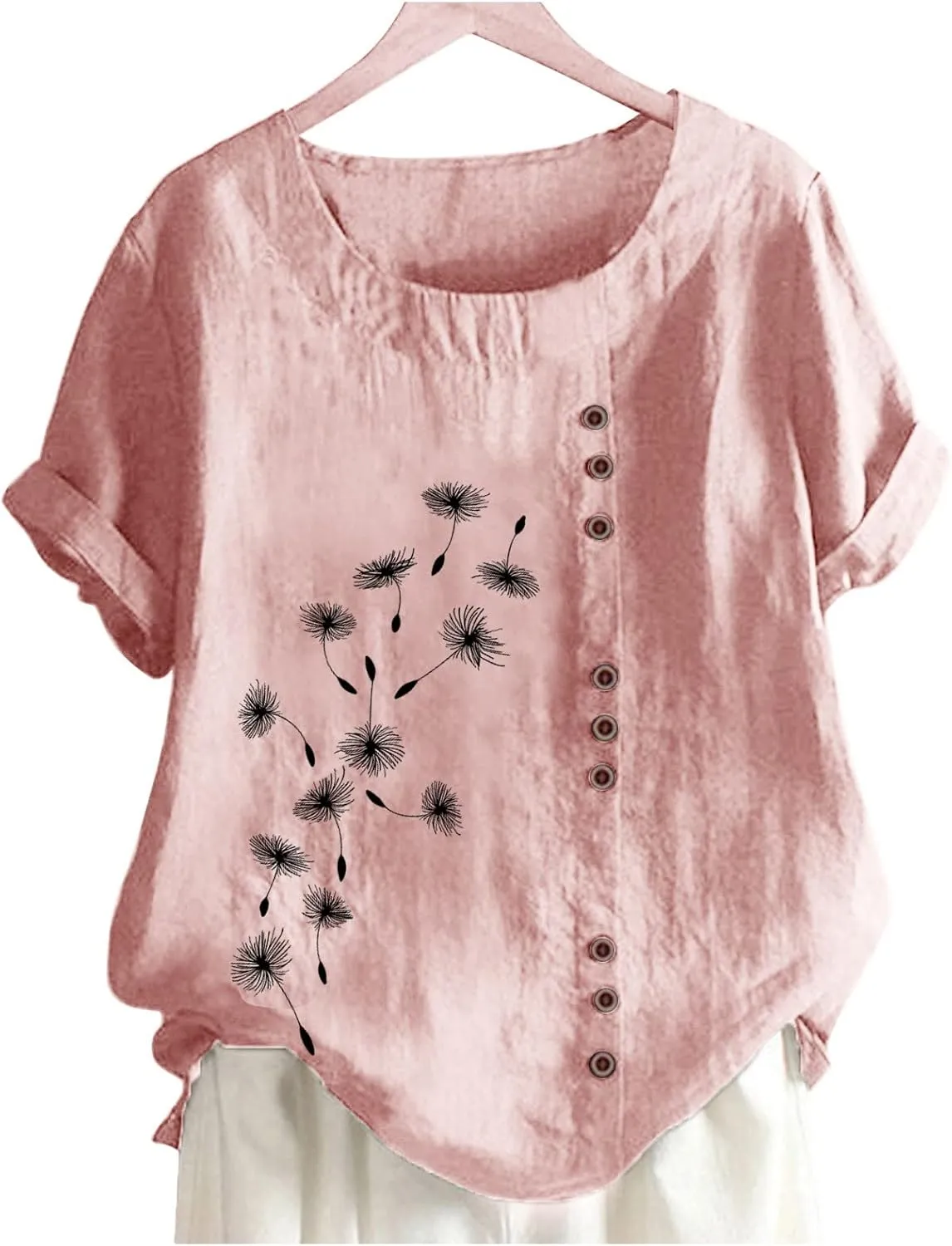 Cotton Tops for Women Loose Fit Dandelion Print Graphic Tee Shirts Casual Short Sleeve Crewneck Cotton Linen Blouses
