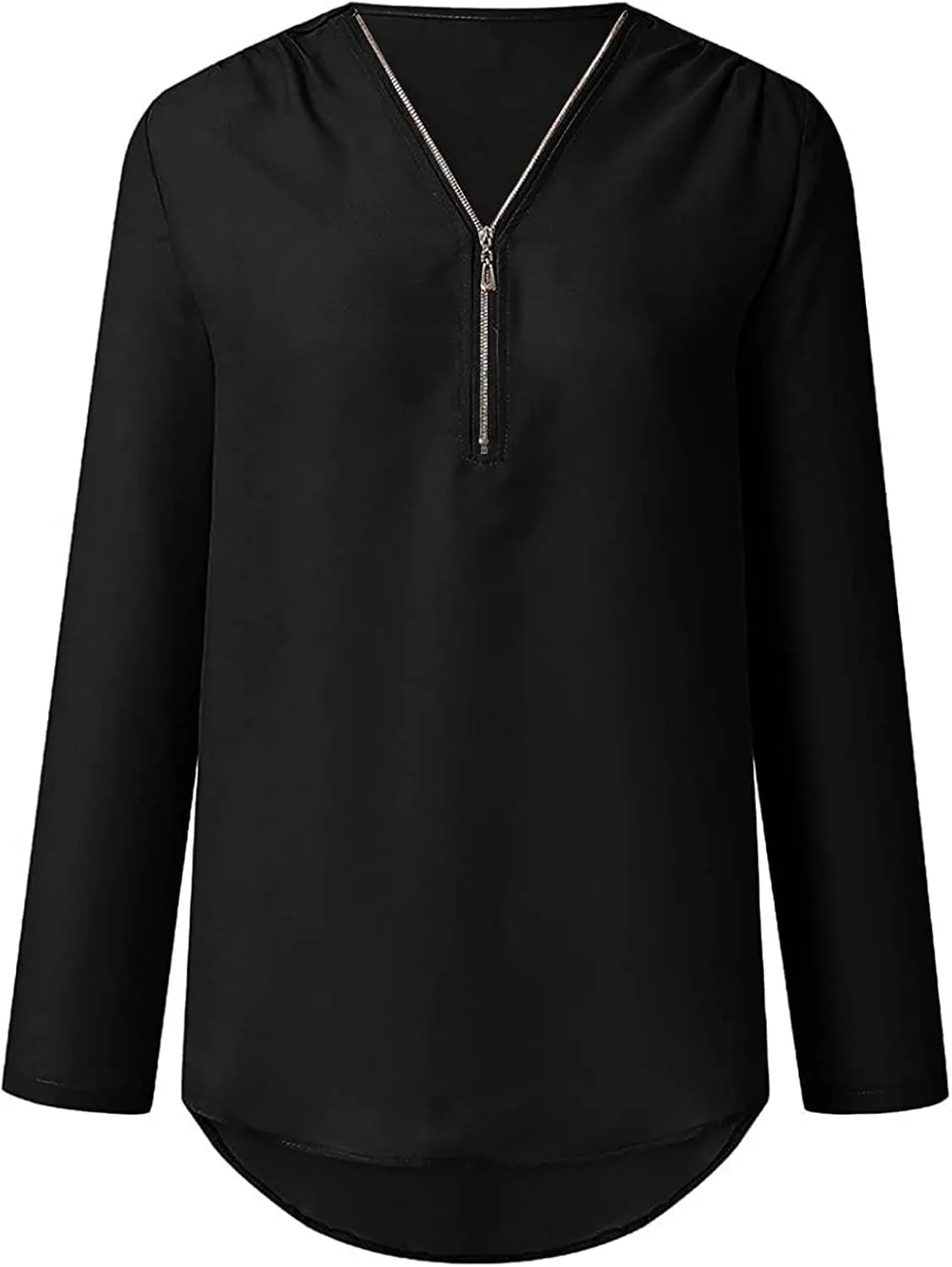 DASAYO Women's V Neck Zip Chiffon Tops Blouses Rolled Long Sleeve Loose Fit Shirts Top Comfy Fashion Casual Blouse Shirt