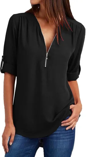 DASAYO Women's V Neck Zip Chiffon Tops Blouses Rolled Long Sleeve Loose Fit Shirts Top Comfy Fashion Casual Blouse Shirt