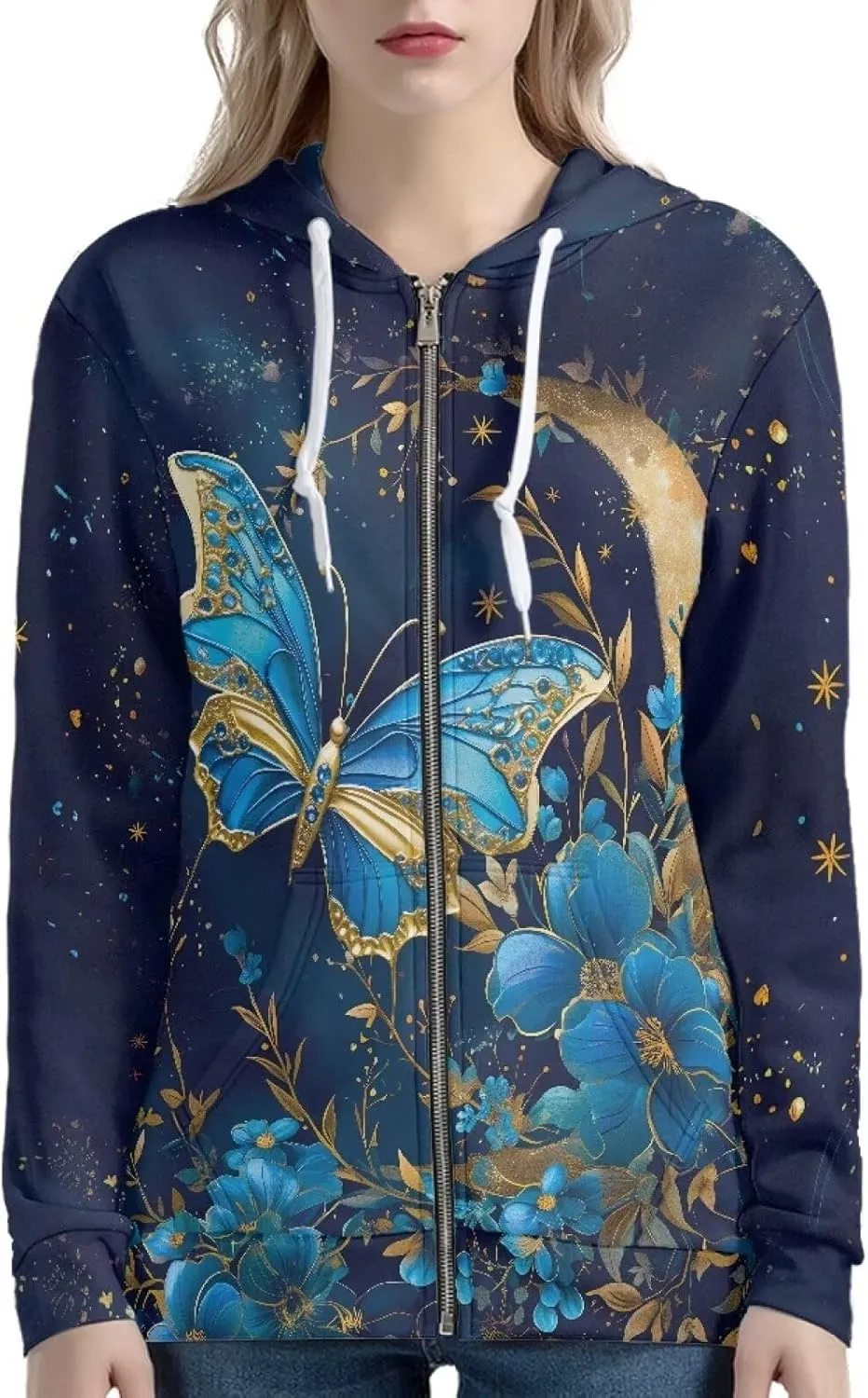 DISNIMO Zip Up Hoodie Women Long Sleeve Drawstring Sweatshirt Jackets Streetwear