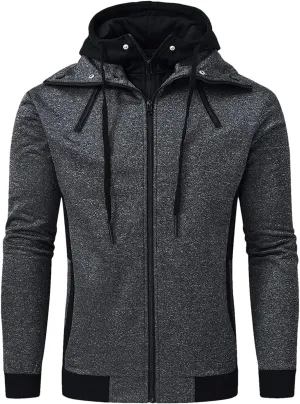 Dninmim Men Hooded Jackets Turtleneck Zipper Coats Casual Streetwear