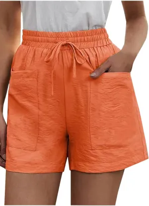 Elastic Waist Casual Comfy Summer Shorts Women's High Waisted Drawstring Shorts Solid Beach Shorts Gym Sweat Shorts