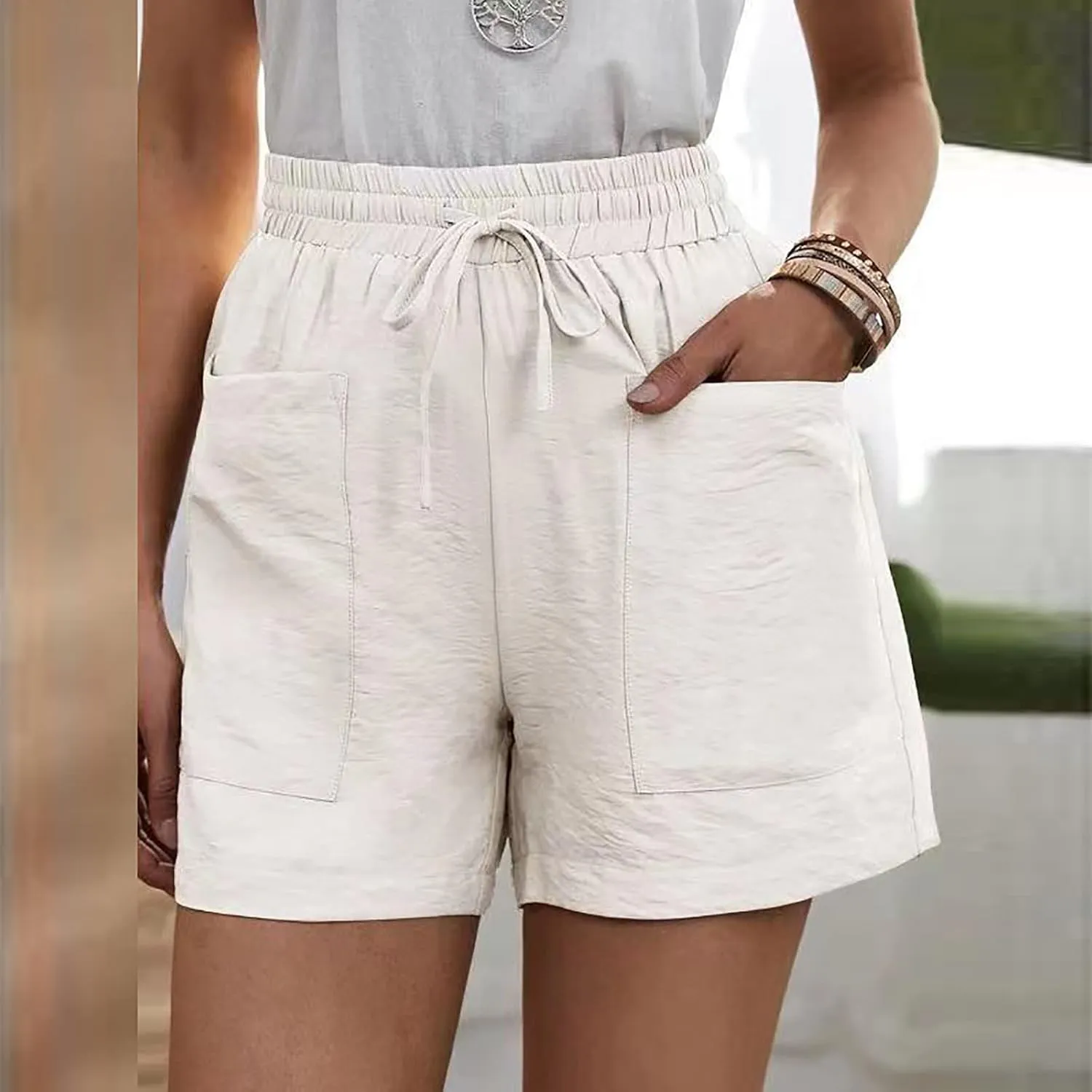 Elastic Waist Casual Comfy Summer Shorts Women's High Waisted Drawstring Shorts Solid Beach Shorts Gym Sweat Shorts
