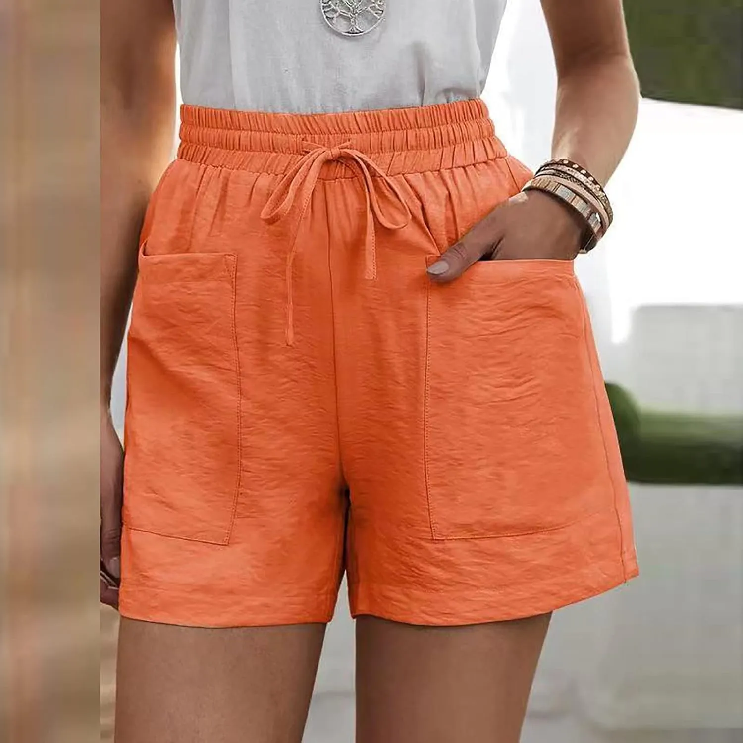 Elastic Waist Casual Comfy Summer Shorts Women's High Waisted Drawstring Shorts Solid Beach Shorts Gym Sweat Shorts